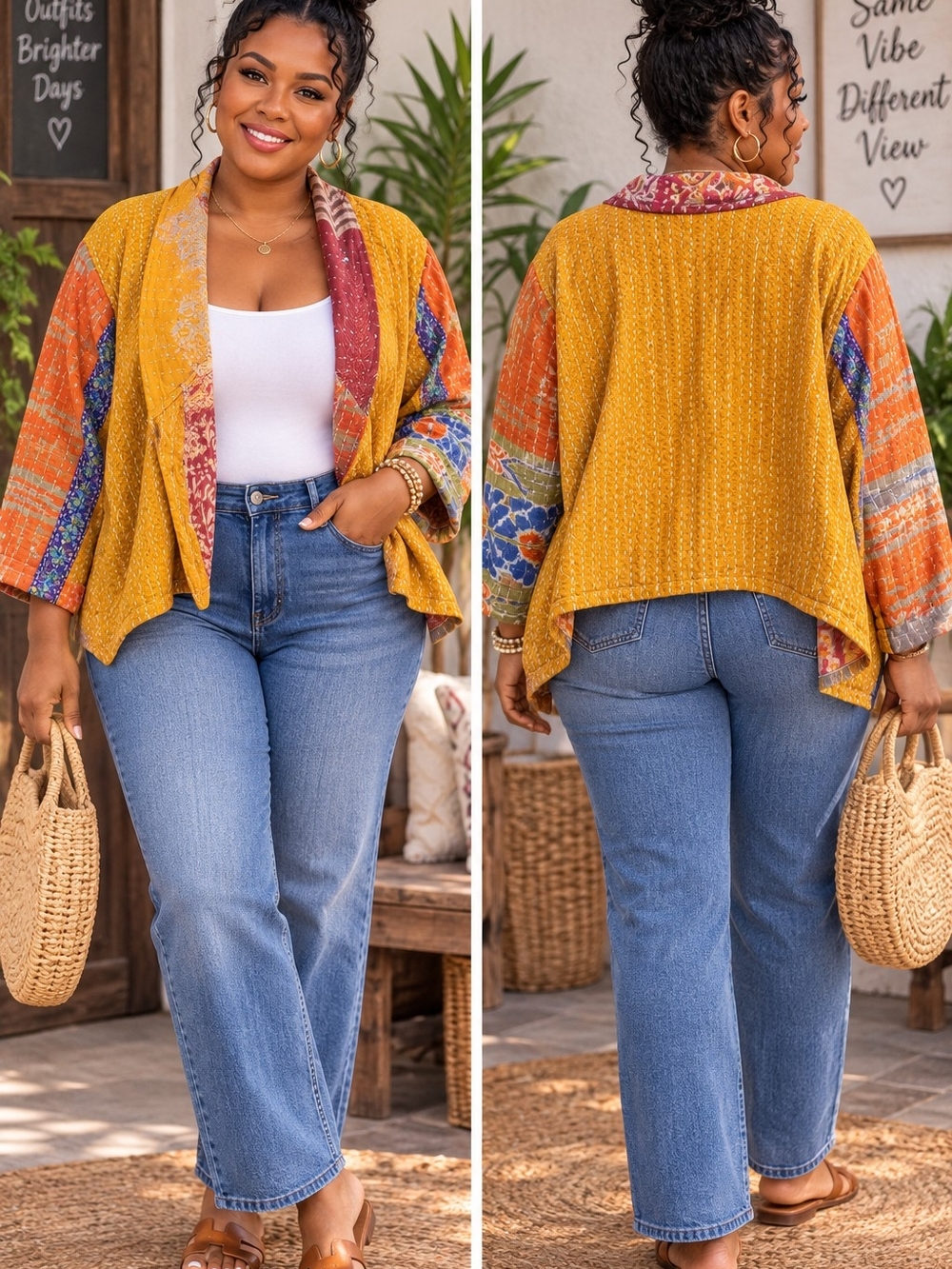 Kantha Patchwork Open Front Cropped Jacket Mustard Boho Artisan - Free Size